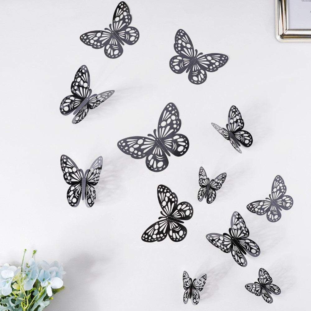 Black Foil Butterfly 3D Wall Stickers Set Of 12 Nestasia