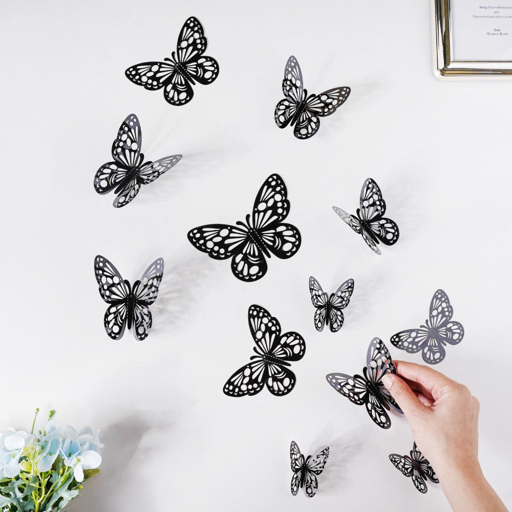Black Foil Butterfly 3D Wall Stickers Set Of 12 Nestasia