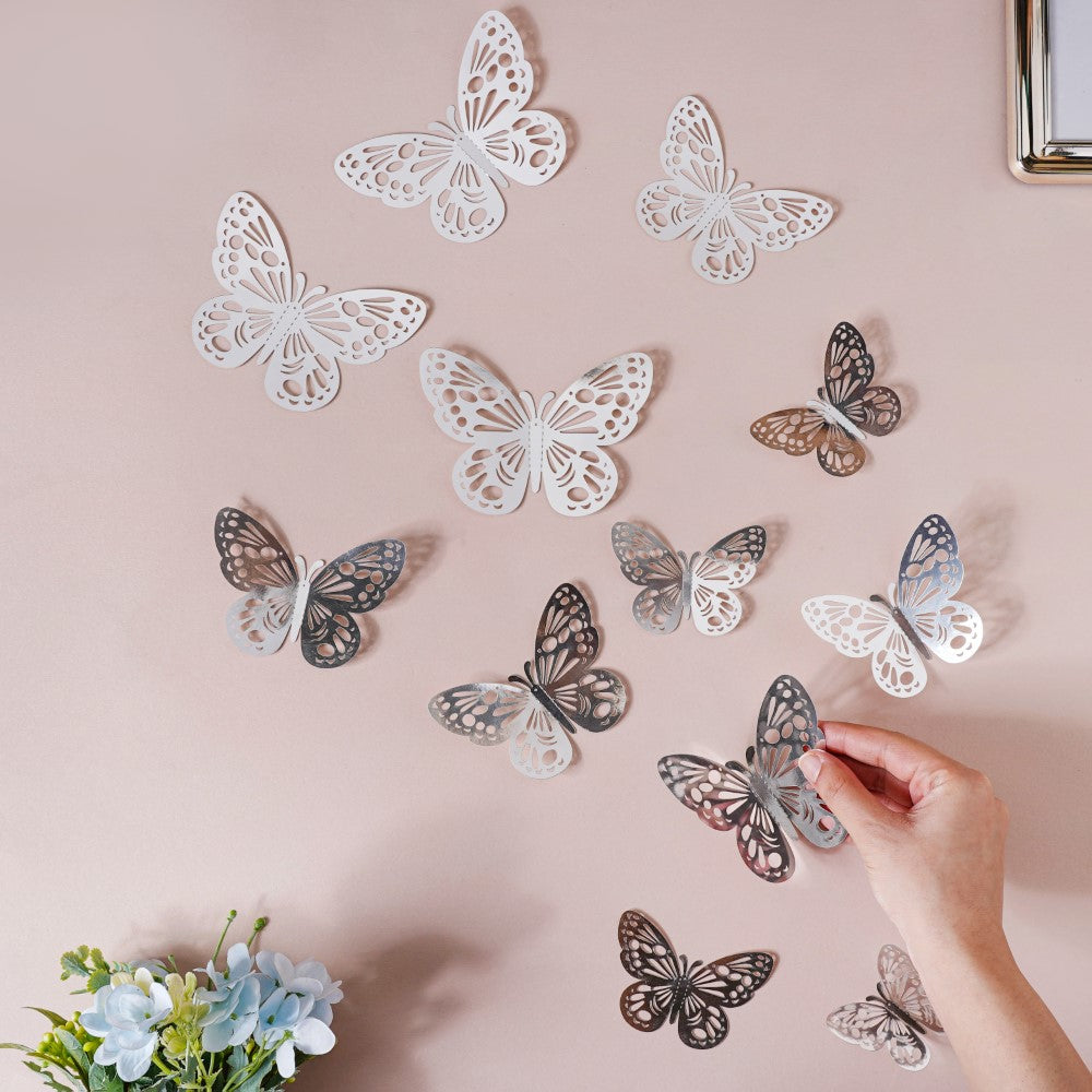 Silver Butterfly 3D Wall Stickers Set Of 12 Nestasia