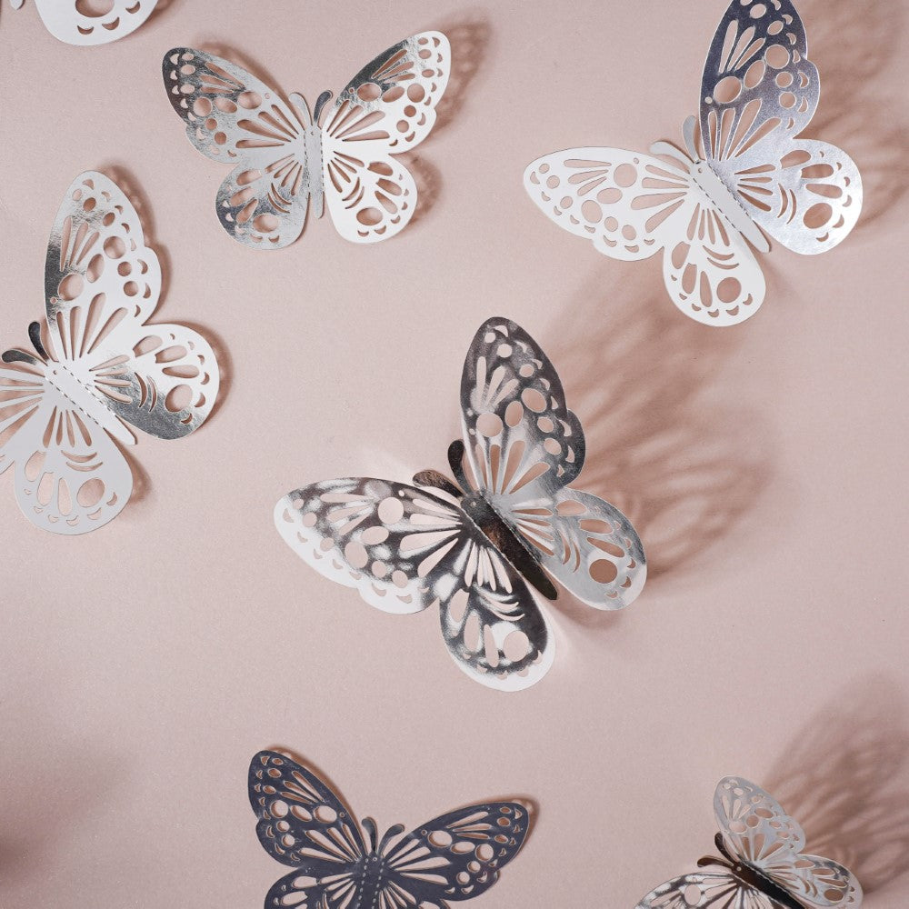 Silver Butterfly 3D Wall Stickers Set Of 12 Nestasia