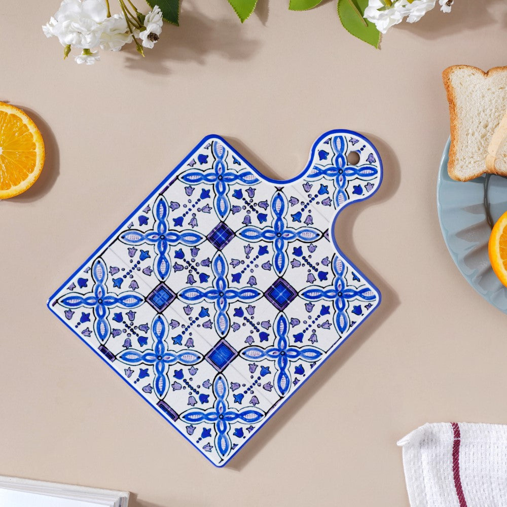 European Blue Ceramic Platter With Handle 9 Inch Nestasia