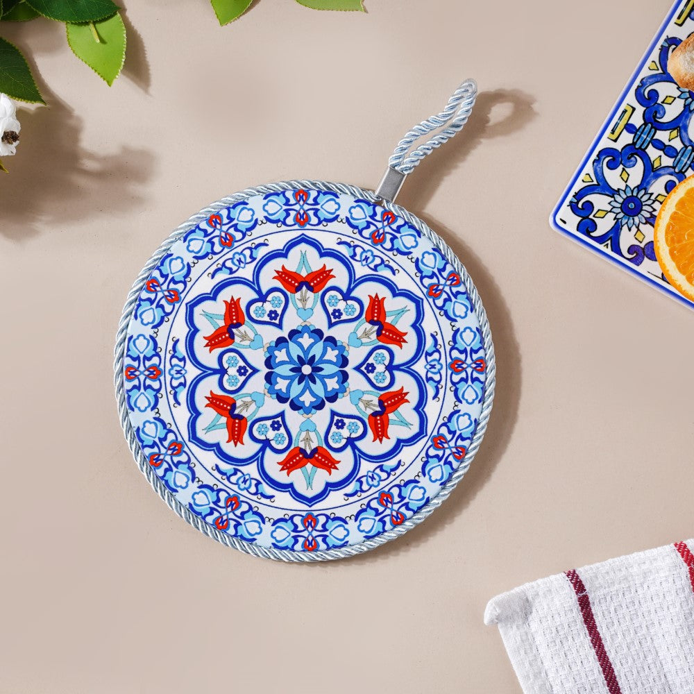 Zellij Art Round Ceramic Trivet With Rope Yellow And Blue 6 Inch Nestasia