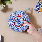 Zellij Art Round Ceramic Trivet With Rope Yellow And Blue 6 Inch Nestasia
