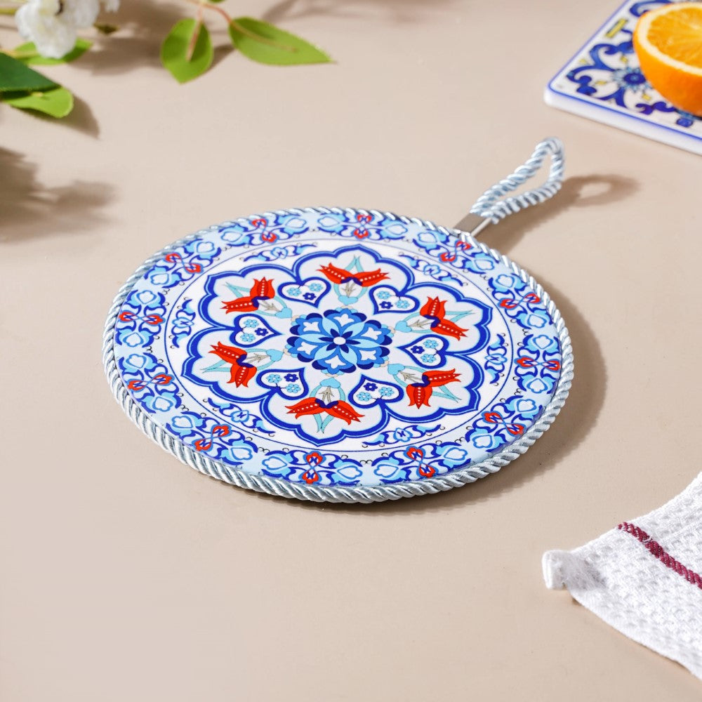 Zellij Art Round Ceramic Trivet With Rope Yellow And Blue 6 Inch Nestasia