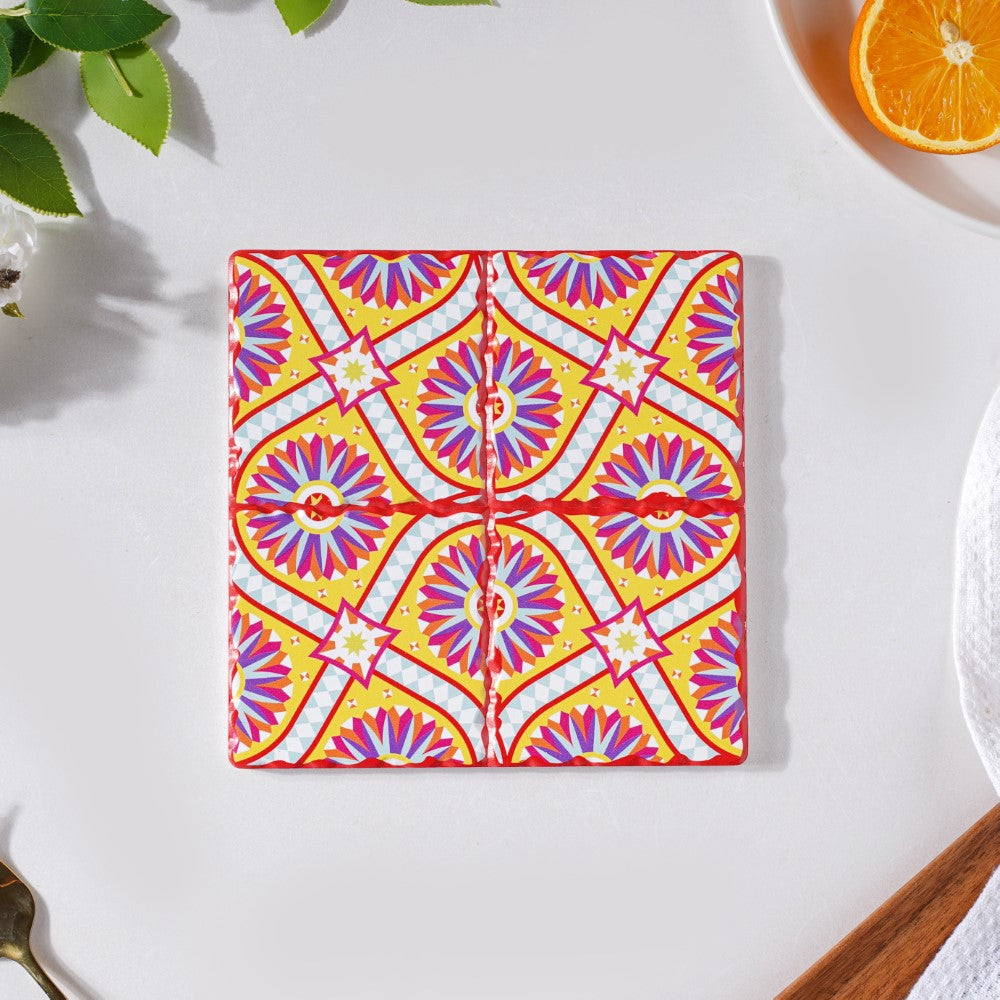 Spanish Art Square Ceramic Tiled Trivet Yellow Pink Nestasia