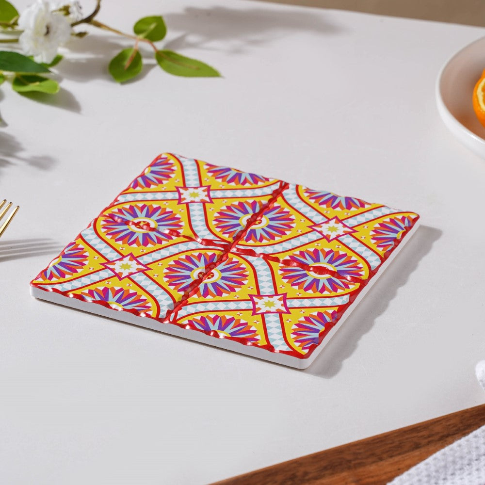 Spanish Art Square Ceramic Tiled Trivet Yellow Pink Nestasia