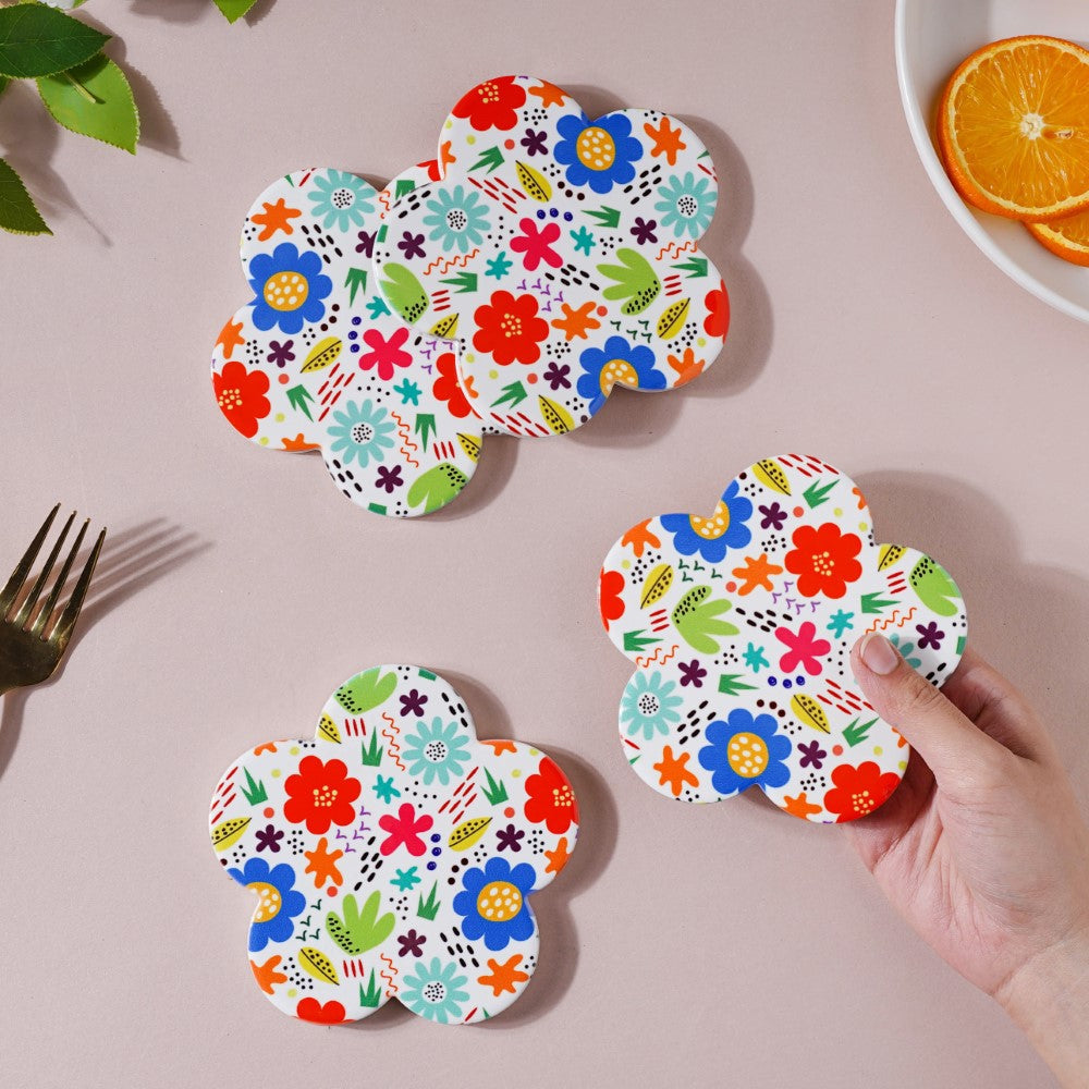 Springy Zest Flower Ceramic Coaster Set Of 4 Nestasia