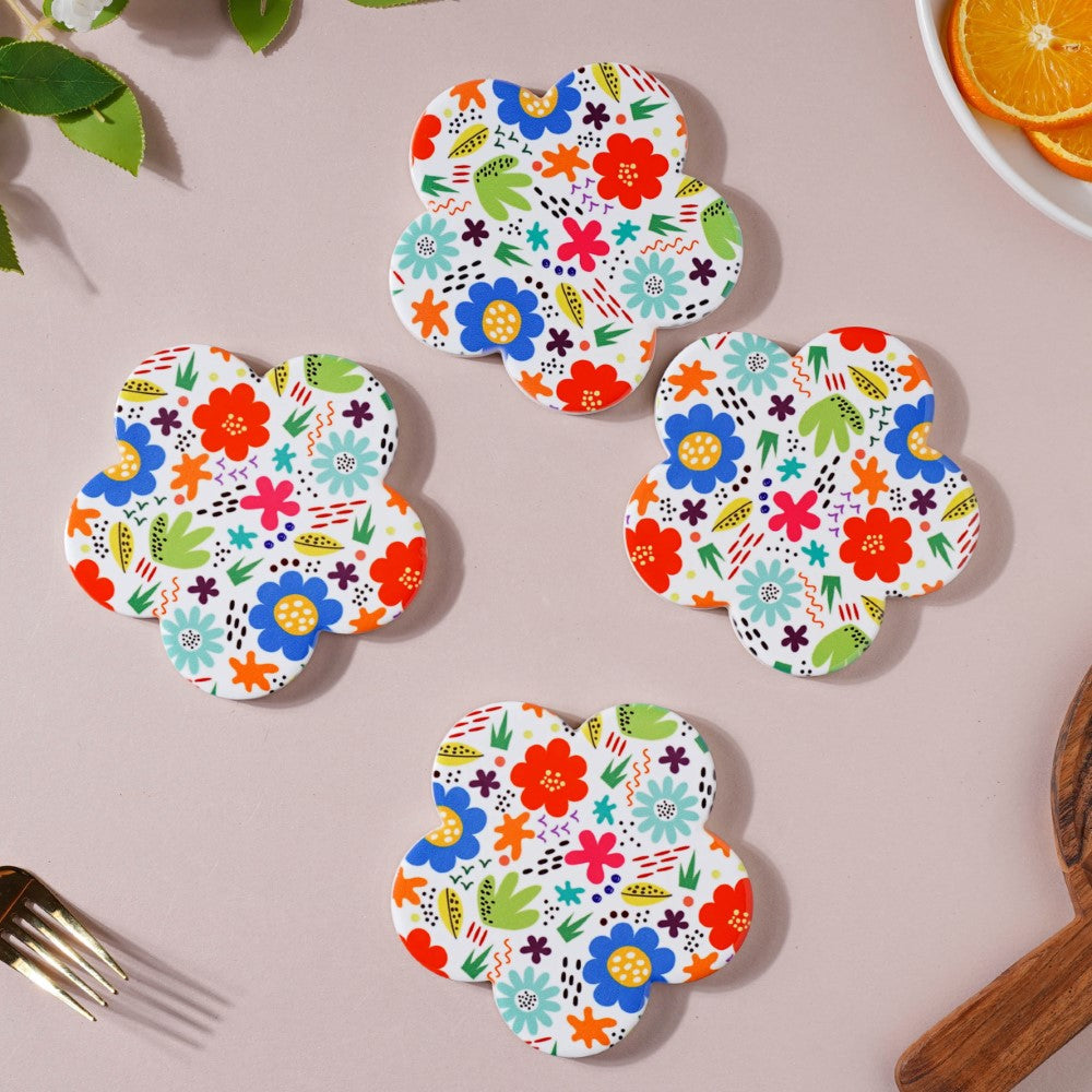 Springy Zest Flower Ceramic Coaster Set Of 4 Nestasia