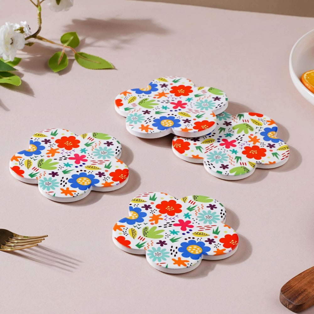 Springy Zest Flower Ceramic Coaster Set Of 4 Nestasia