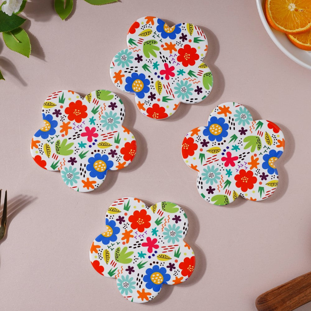 Springy Zest Flower Ceramic Coaster Set Of 4 Nestasia