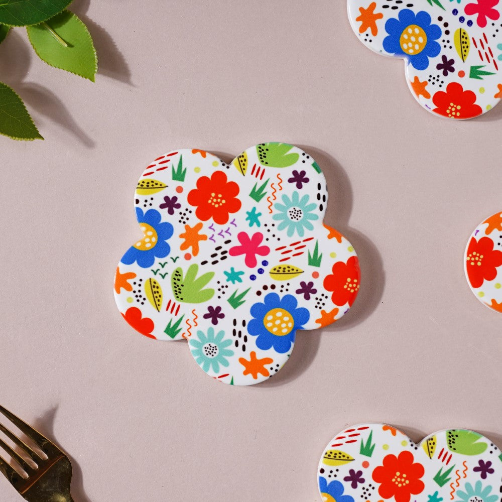 Springy Zest Flower Ceramic Coaster Set Of 4 Nestasia