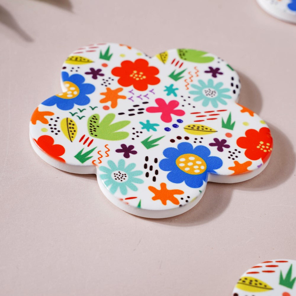 Springy Zest Flower Ceramic Coaster Set Of 4 Nestasia