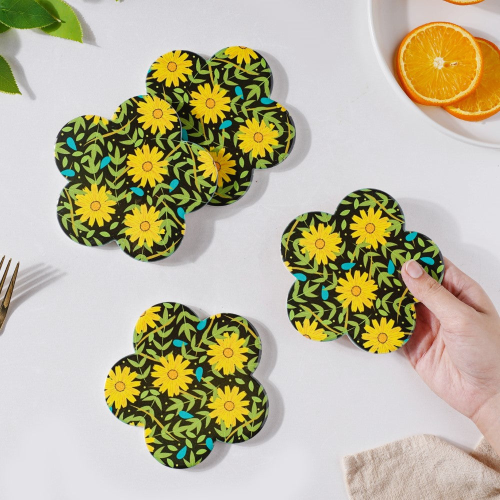 Yellow Daffodil Ceramic Glossy Coaster Set Of 4 Nestasia