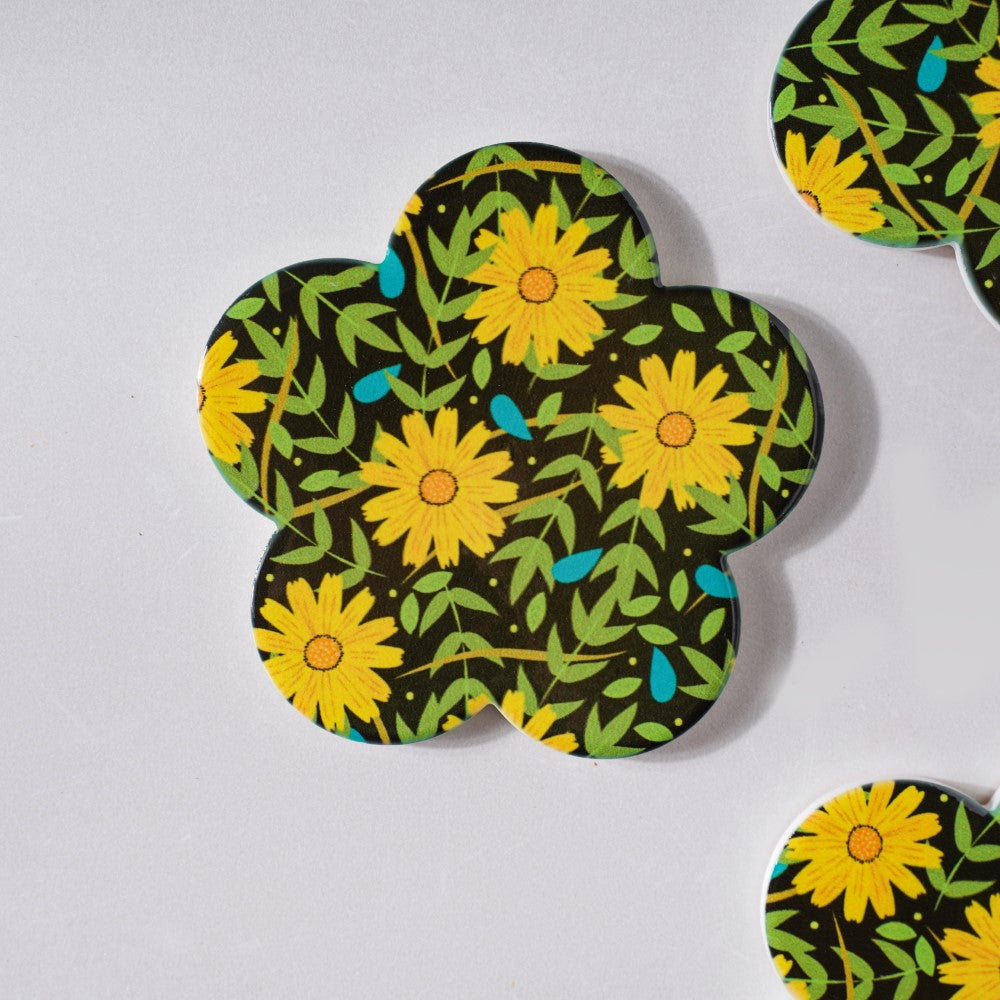 Yellow Daffodil Ceramic Glossy Coaster Set Of 4 Nestasia