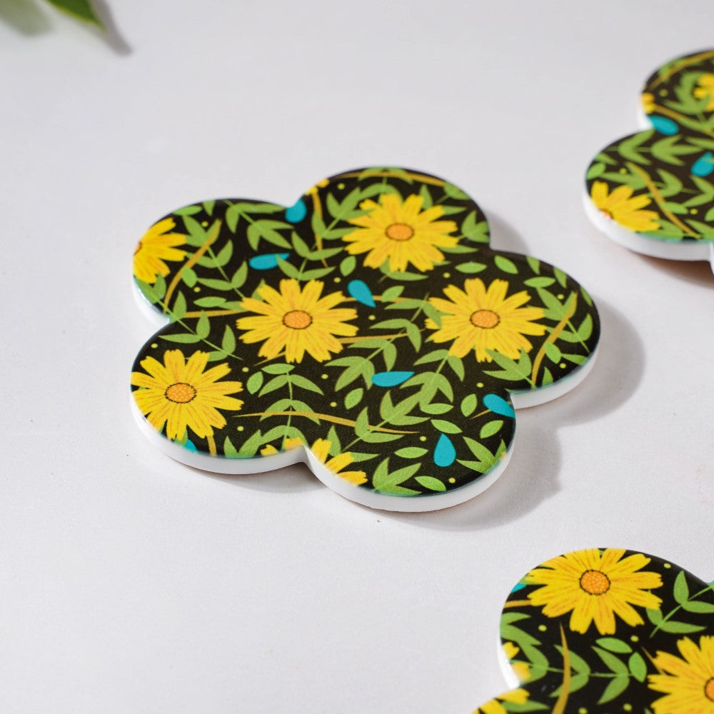Yellow Daffodil Ceramic Glossy Coaster Set Of 4 Nestasia