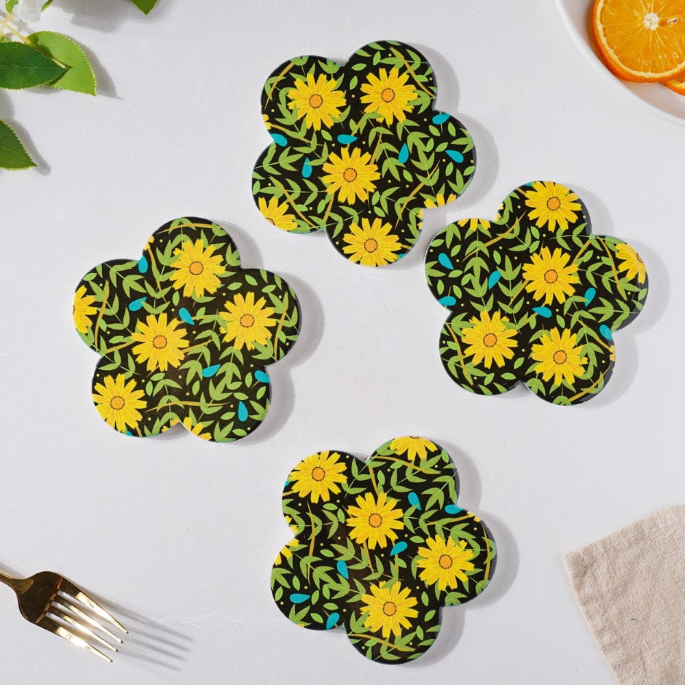 Yellow Daffodil Ceramic Glossy Coaster Set Of 4 Nestasia
