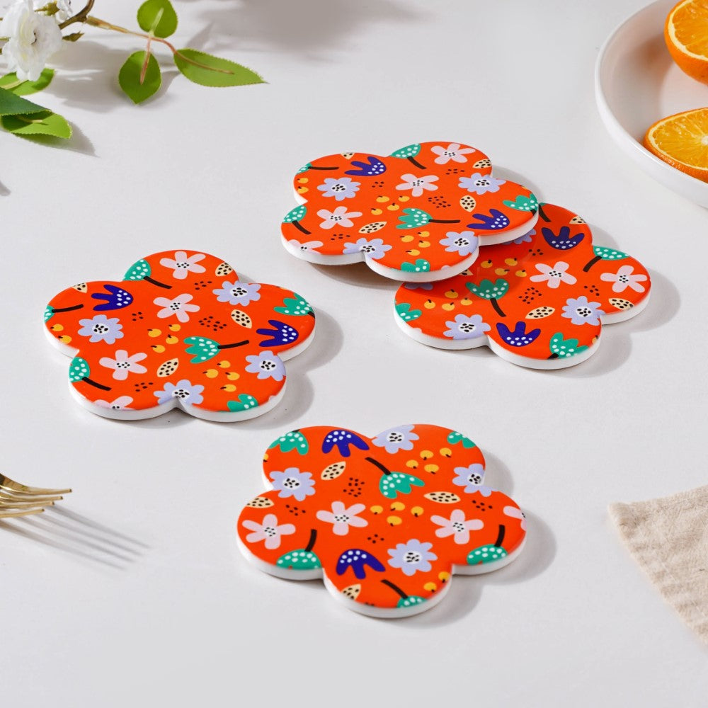 Autumn Orange Flower Glossy Ceramic Coaster Set Of 4 Nestasia