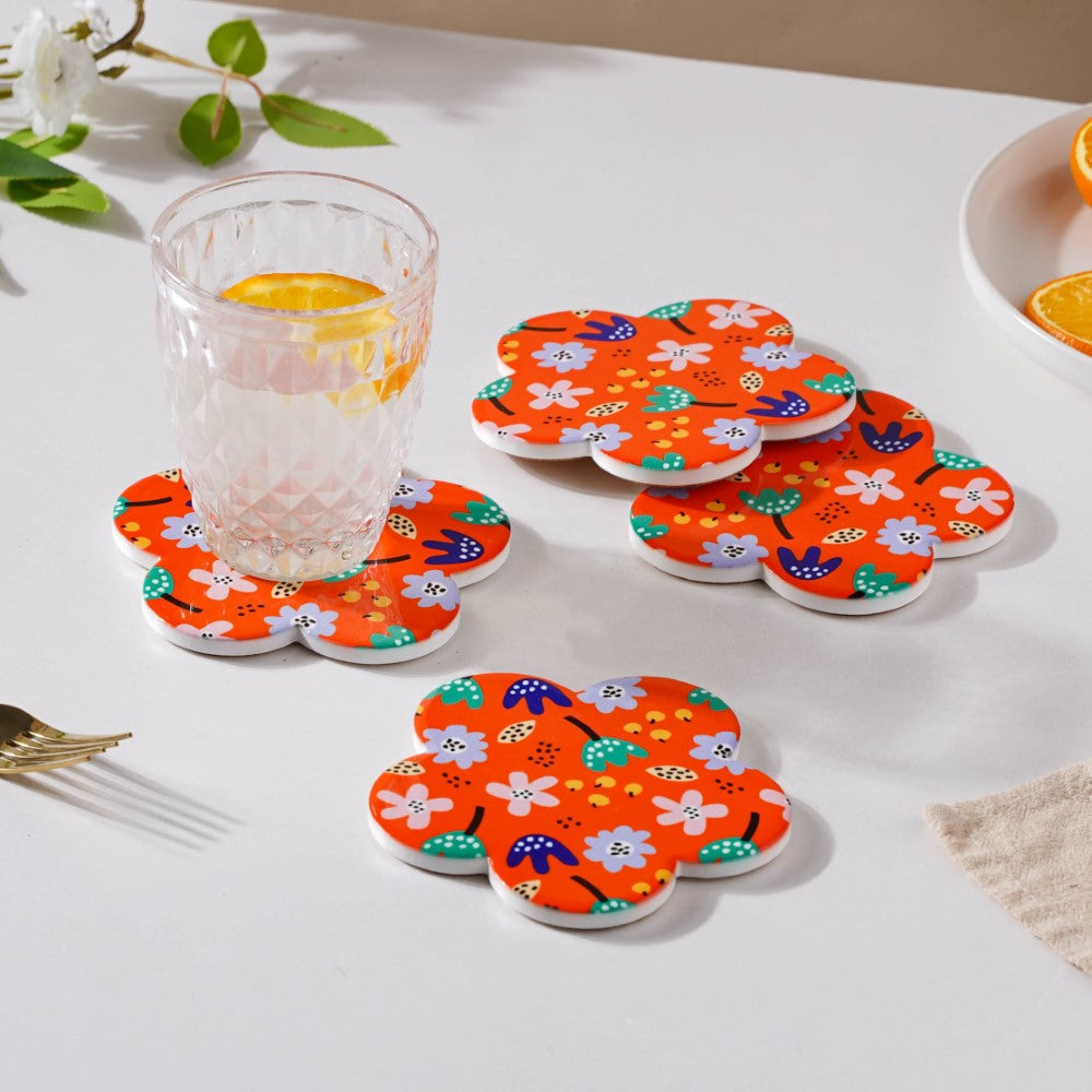 Autumn Orange Flower Glossy Ceramic Coaster Set Of 4 Nestasia