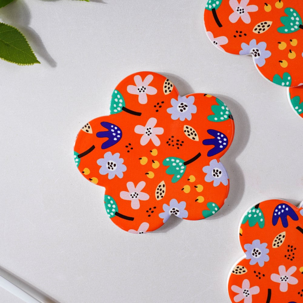 Autumn Orange Flower Glossy Ceramic Coaster Set Of 4 Nestasia