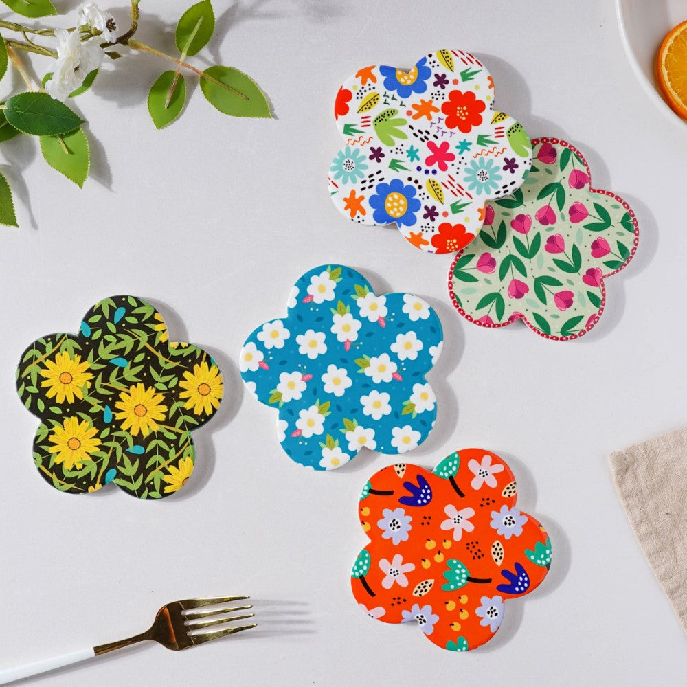 Yellow Daffodil Ceramic Glossy Coaster Set Of 4 Nestasia