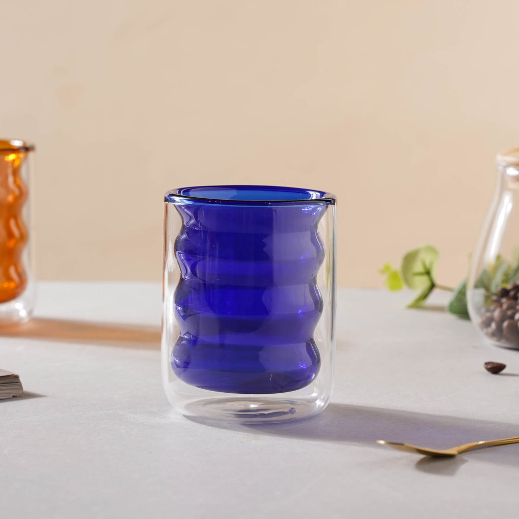 Transparent Double Walled Glass Ripple Tumbler Blue Nestasia