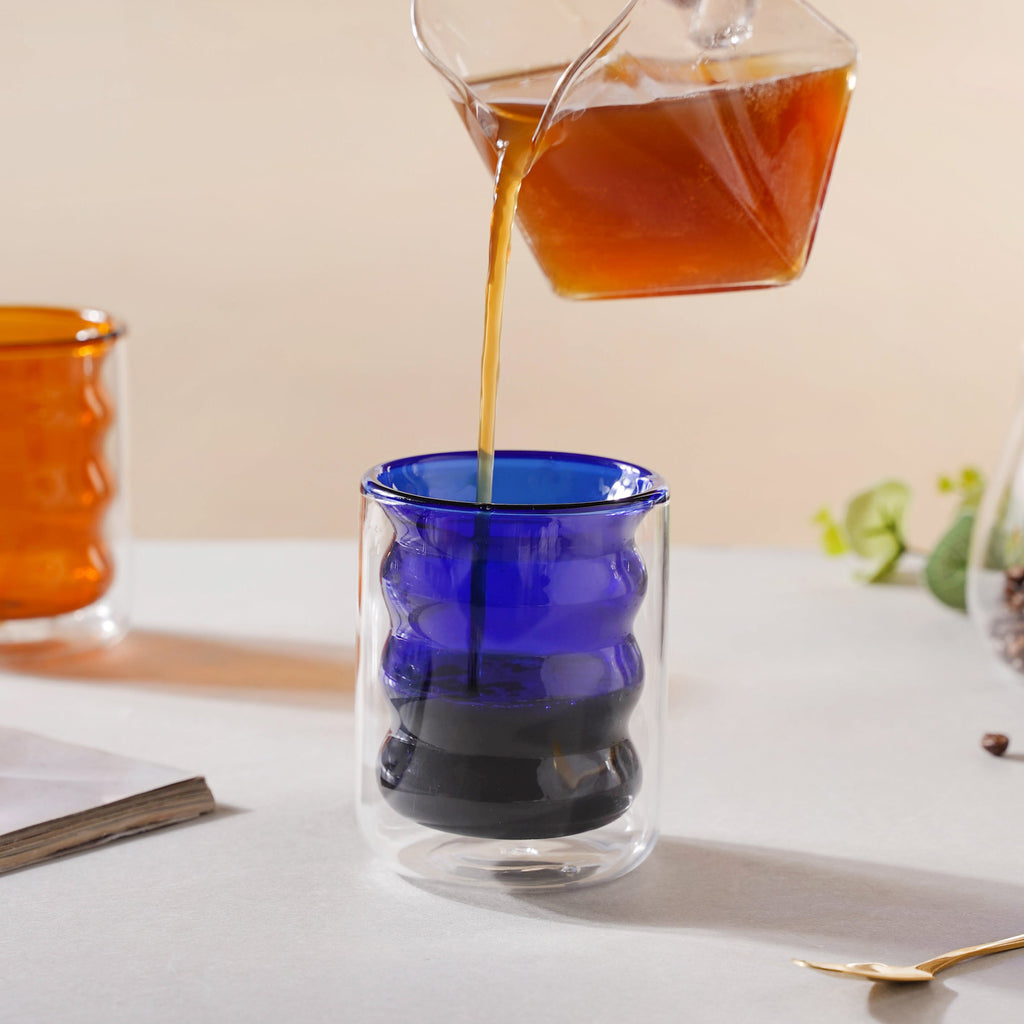 Transparent Double Walled Glass Ripple Tumbler Blue Nestasia