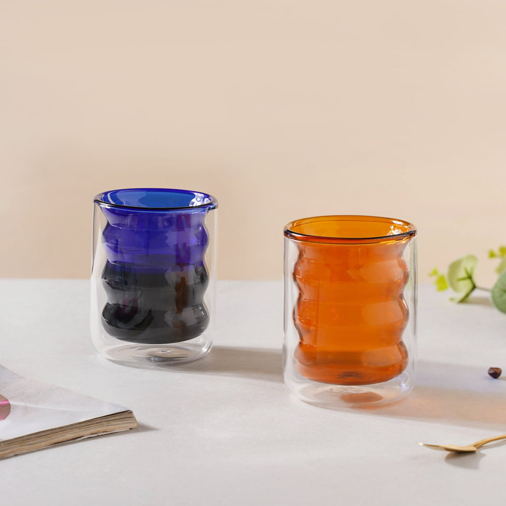 Transparent Double Walled Glass Ripple Tumbler Blue Nestasia