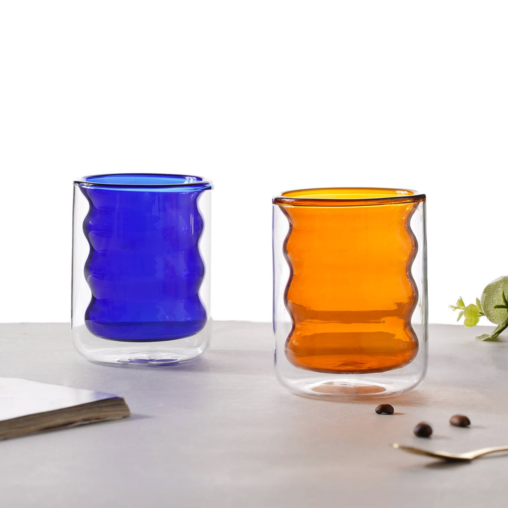 Transparent Double Walled Glass Ripple Tumbler Blue Nestasia
