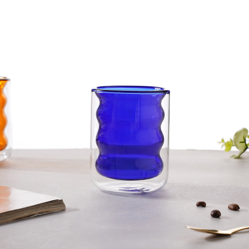 Transparent Double Walled Glass Ripple Tumbler Blue Nestasia
