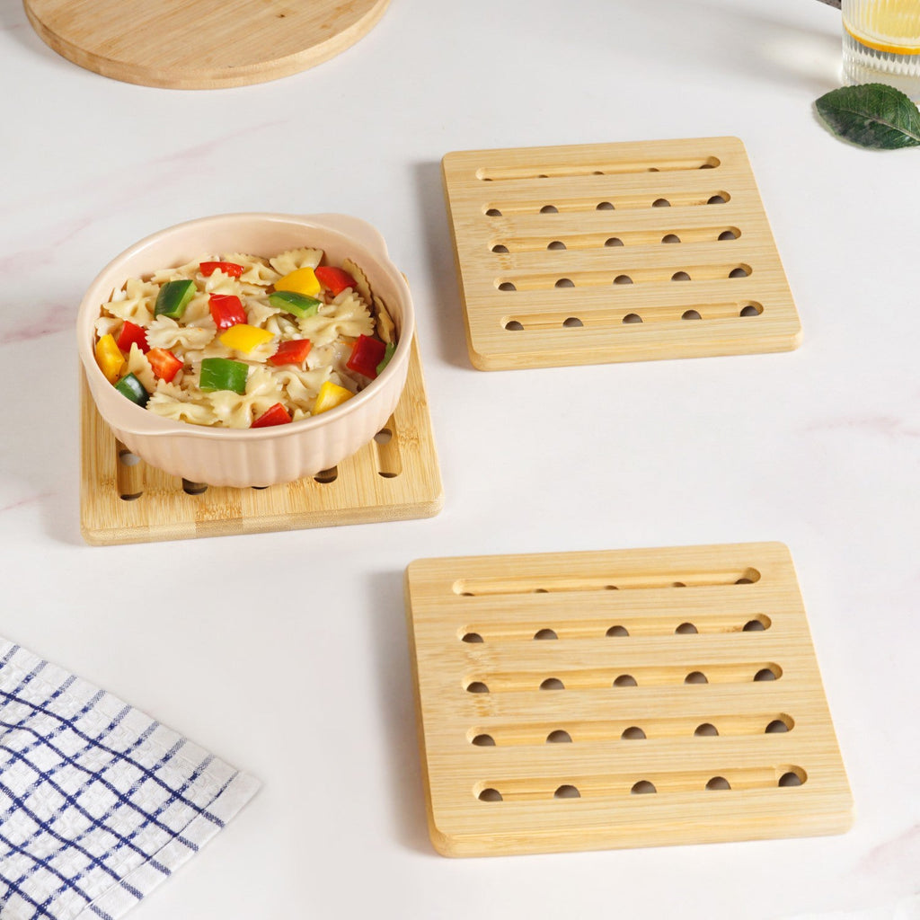 Set Of 3 Bamboo Wood Square Trivet Nestasia