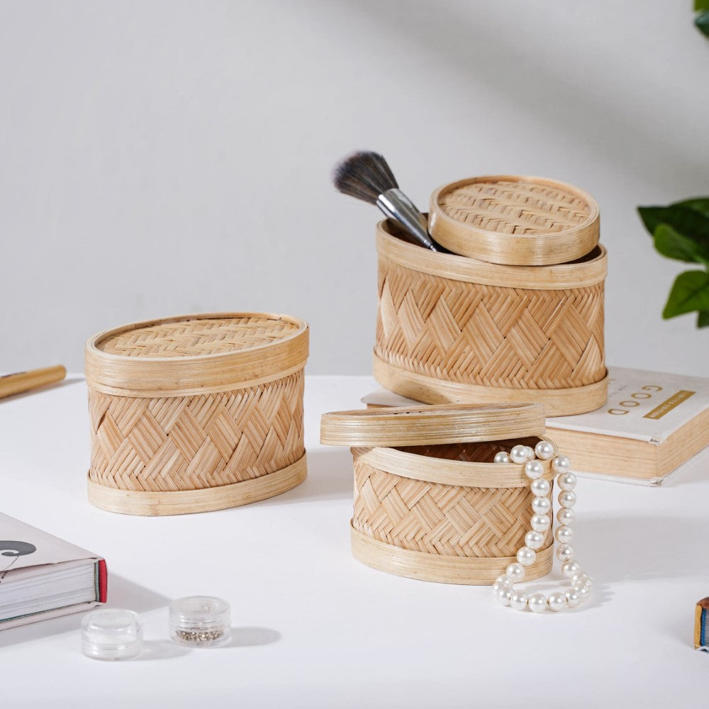 Hand Crafted Oval Bamboo Storage Basket Set of 3 Nestasia
