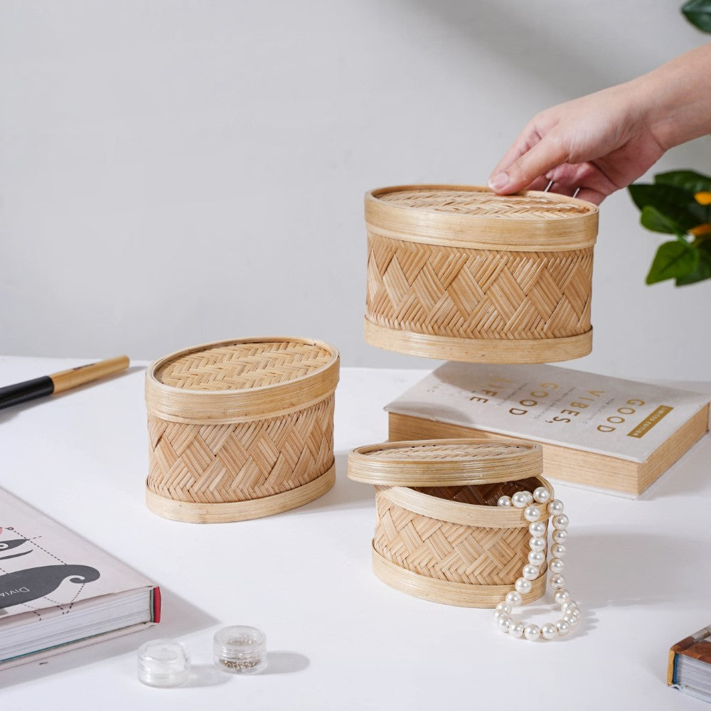 Hand Crafted Oval Bamboo Storage Basket Set of 3 Nestasia