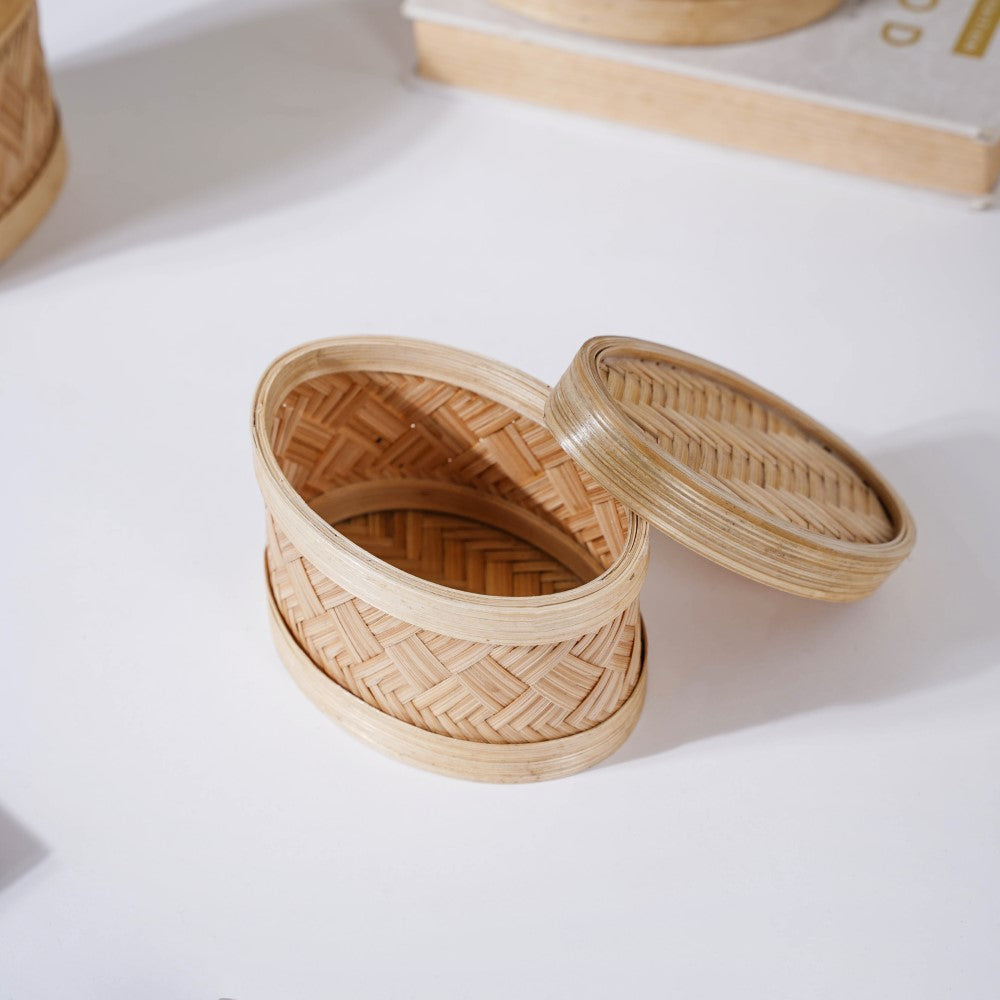 Hand Crafted Oval Bamboo Storage Basket Set of 3 Nestasia