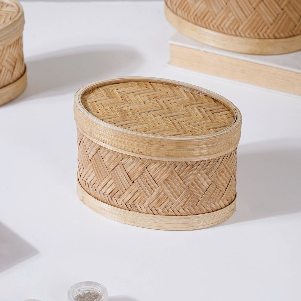 Hand Crafted Oval Bamboo Storage Basket Set of 3 Nestasia