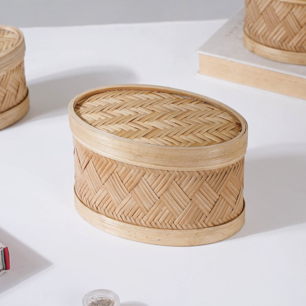 Hand Crafted Oval Bamboo Storage Basket Set of 3 Nestasia