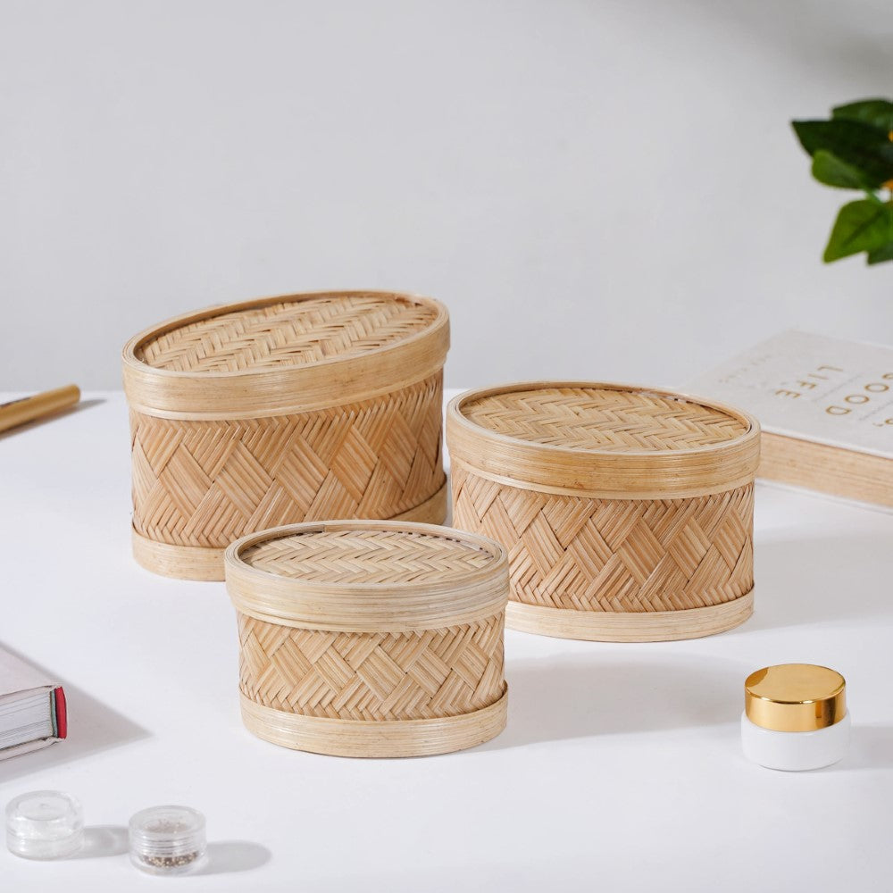 Hand Crafted Oval Bamboo Storage Basket Set of 3 Nestasia