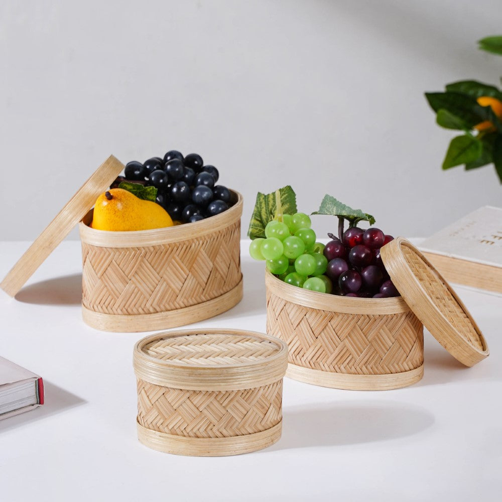 Hand Crafted Oval Bamboo Storage Basket Set of 3 Nestasia