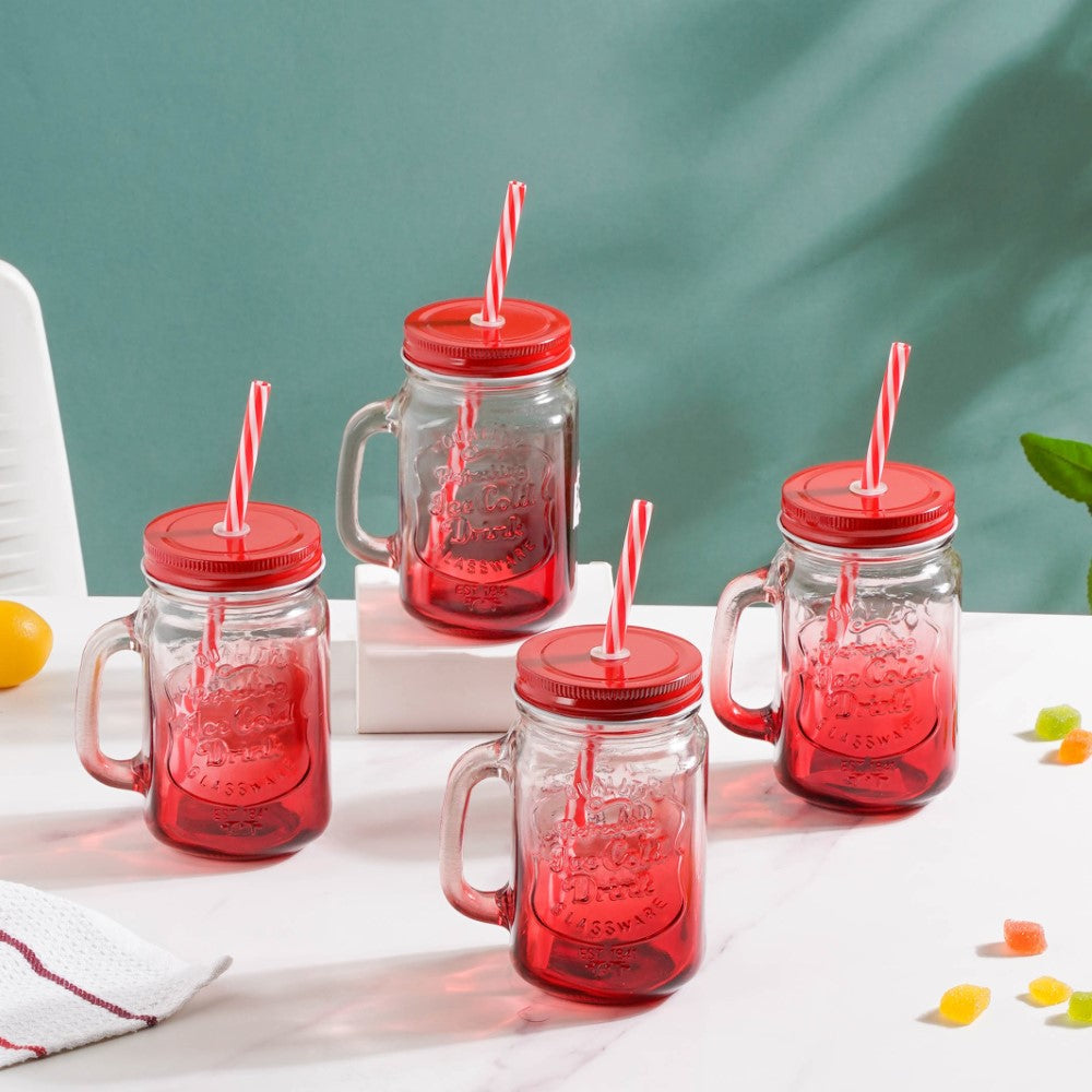 Tutti Frutti Glass Smoothie Jar Red with Lid and Straw Set of 4 Nestasia
