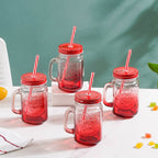 Tutti Frutti Glass Smoothie Jar Red with Lid and Straw Set of 4 Nestasia