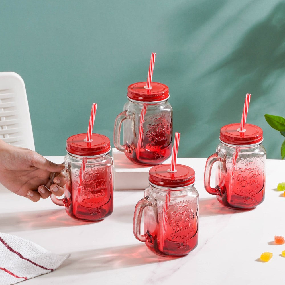 Tutti Frutti Glass Smoothie Jar Red with Lid and Straw Set of 4 Nestasia