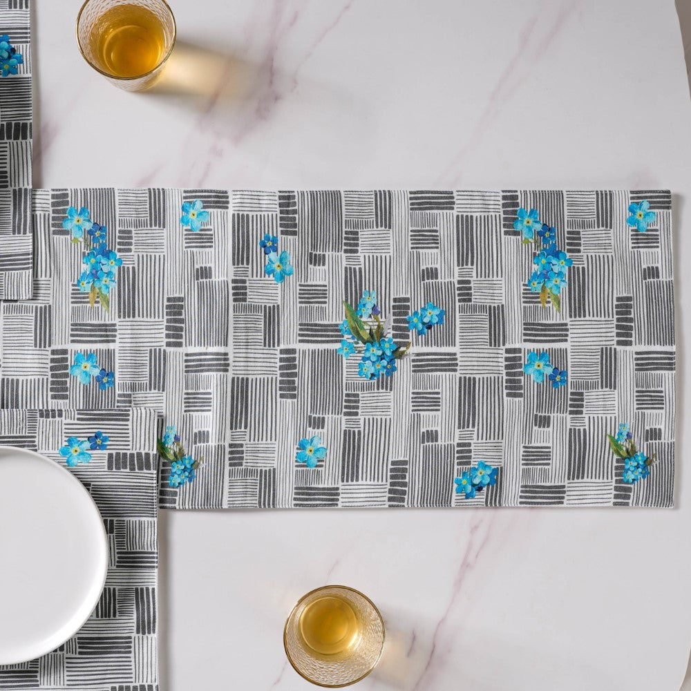 Bluebell Dining Cotton Printed Table Runner Grey For 6 Seater Nestasia