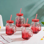 Tutti Frutti Glass Smoothie Jar Red with Lid and Straw Set of 4 Nestasia