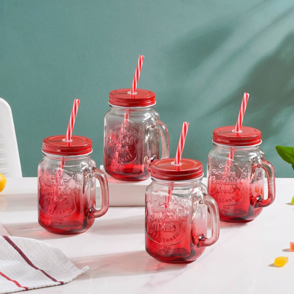Tutti Frutti Glass Smoothie Jar Red with Lid and Straw Set of 4 Nestasia