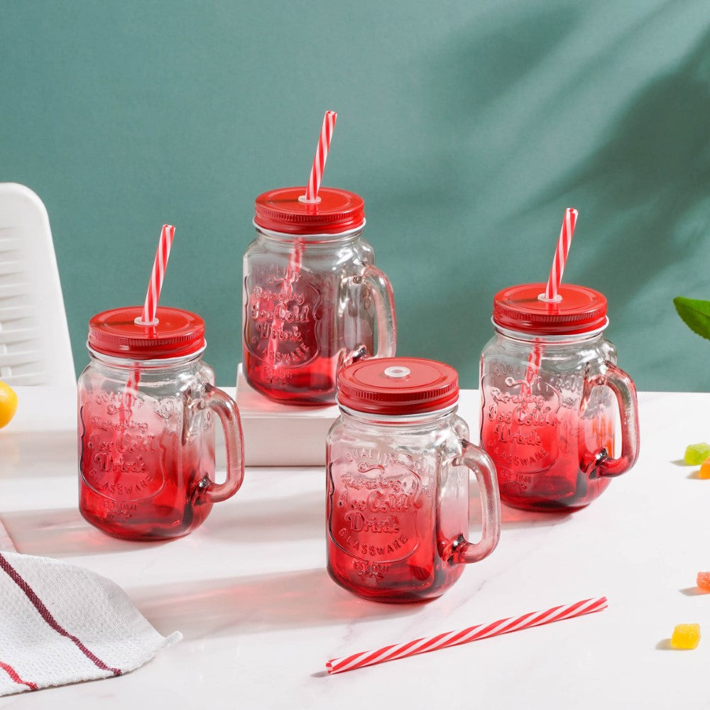Tutti Frutti Glass Smoothie Jar Red with Lid and Straw Set of 4 Nestasia