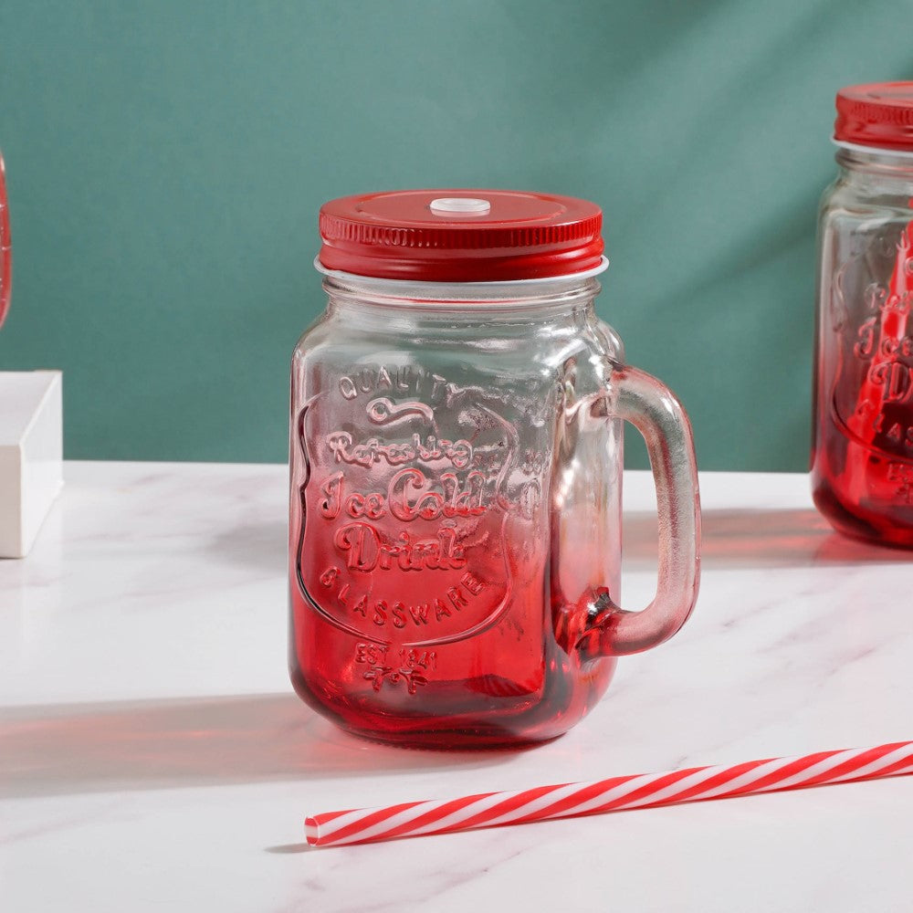 Tutti Frutti Glass Smoothie Jar Red with Lid and Straw Set of 4 Nestasia