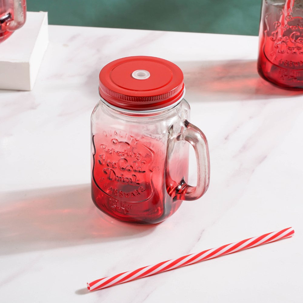 Tutti Frutti Glass Smoothie Jar Red with Lid and Straw Set of 4 Nestasia