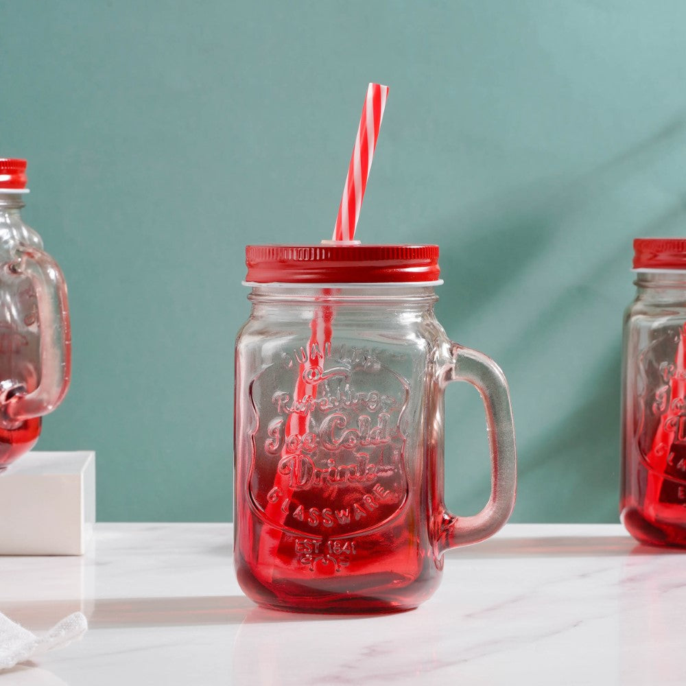 Tutti Frutti Glass Smoothie Jar Red with Lid and Straw Set of 4 Nestasia