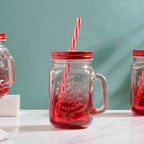 Tutti Frutti Glass Smoothie Jar Red with Lid and Straw Set of 4 Nestasia
