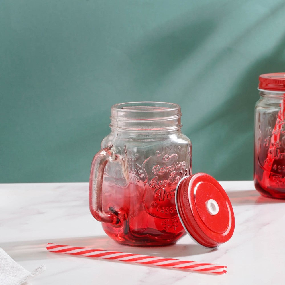 Tutti Frutti Glass Smoothie Jar Red with Lid and Straw Set of 4 Nestasia