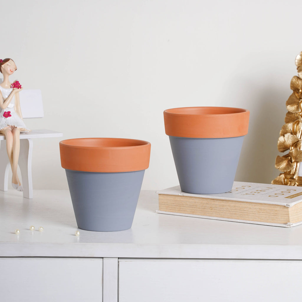 Brown Rim Grey Clay Pot Set Of 2 Nestasia